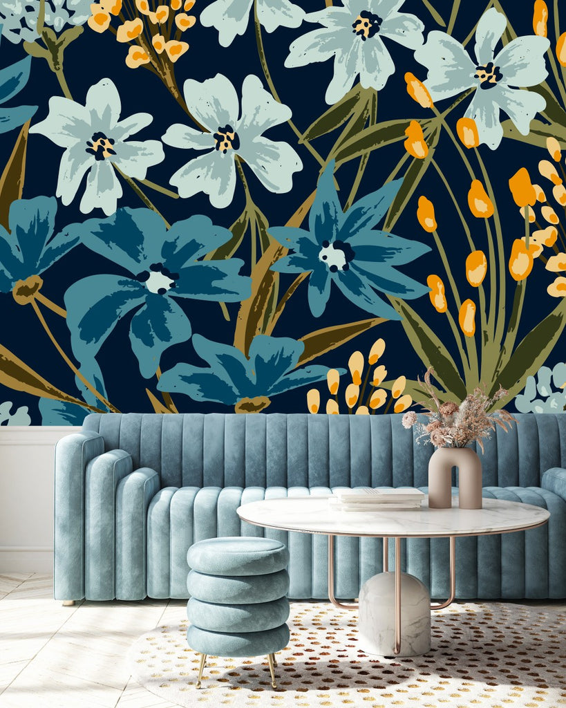 Orange Little Flowers and Blue Flowers Wallpaper uniQstiQ Murals