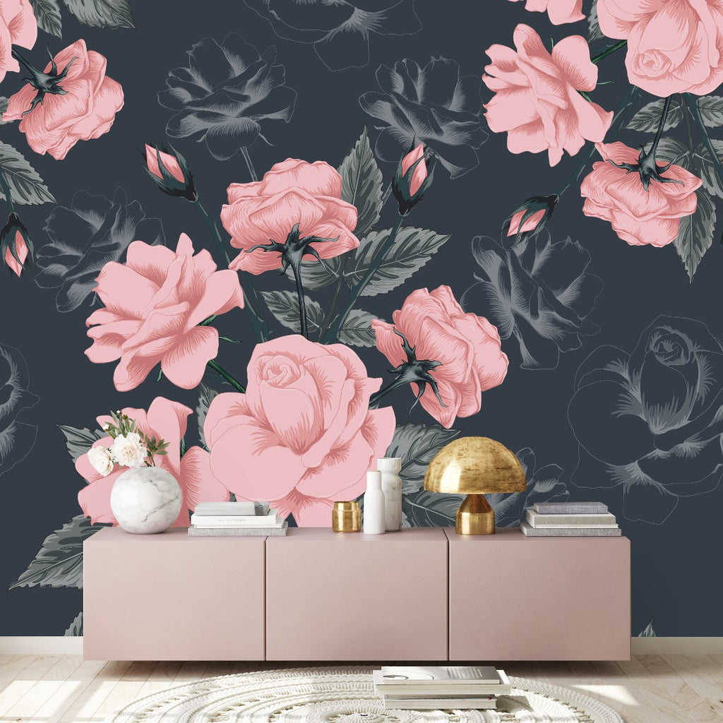 Pink Roses on Dark Wallpaper  uniQstiQ Murals