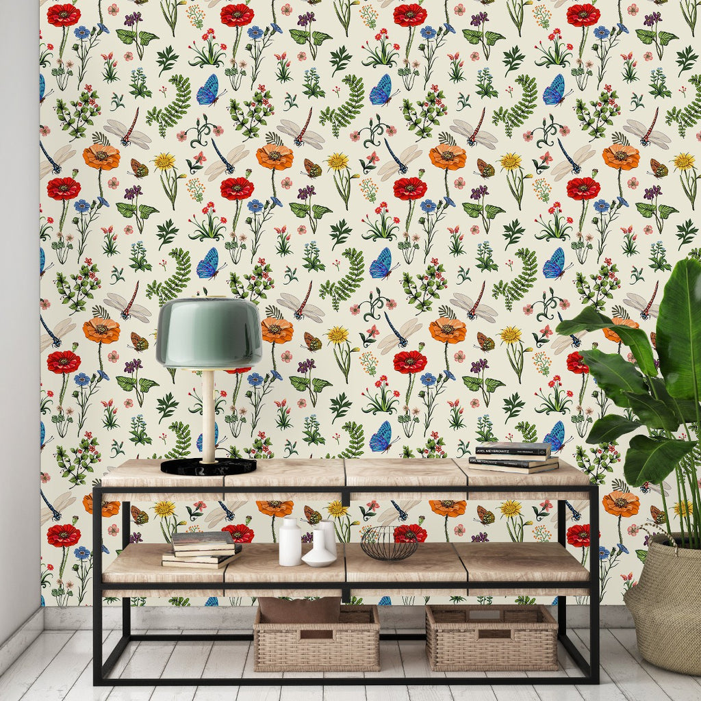 Beige Floral Wallpaper with Dragonfly  uniQstiQ Floral