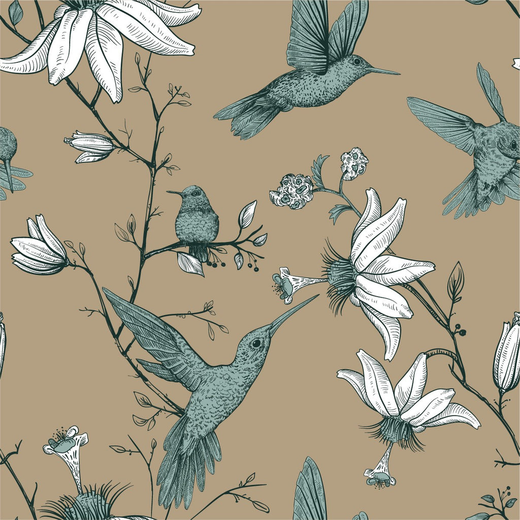 Dark Beige Wallpaper with Hummingbird  uniQstiQ Vintage