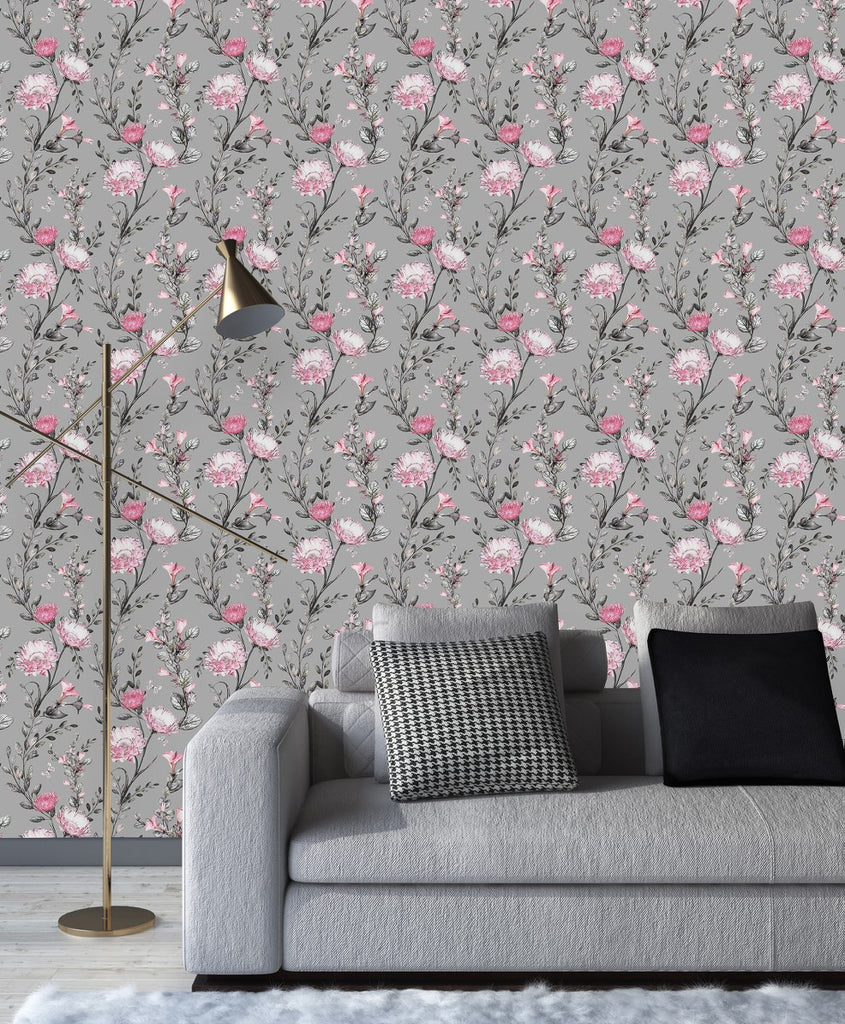 Grey Wallpaper with Pink Flowers uniQstiQ Floral