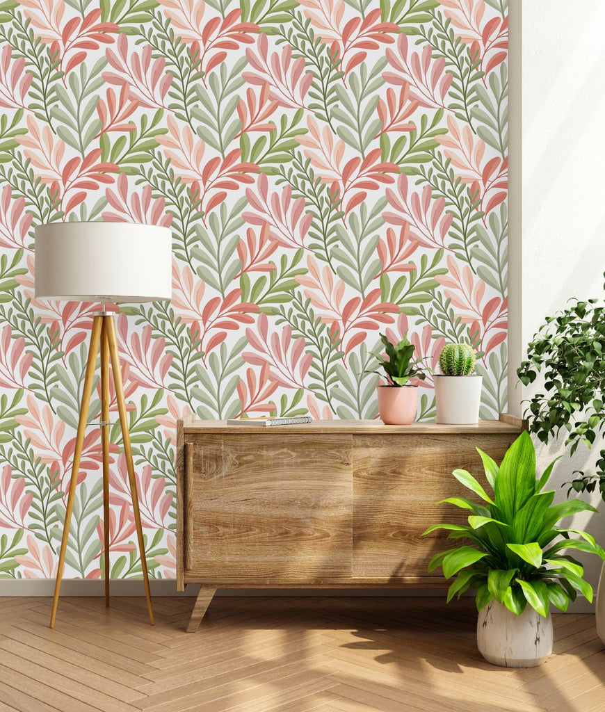 Pink and Green Leaves Wallpaper uniQstiQ Botanical