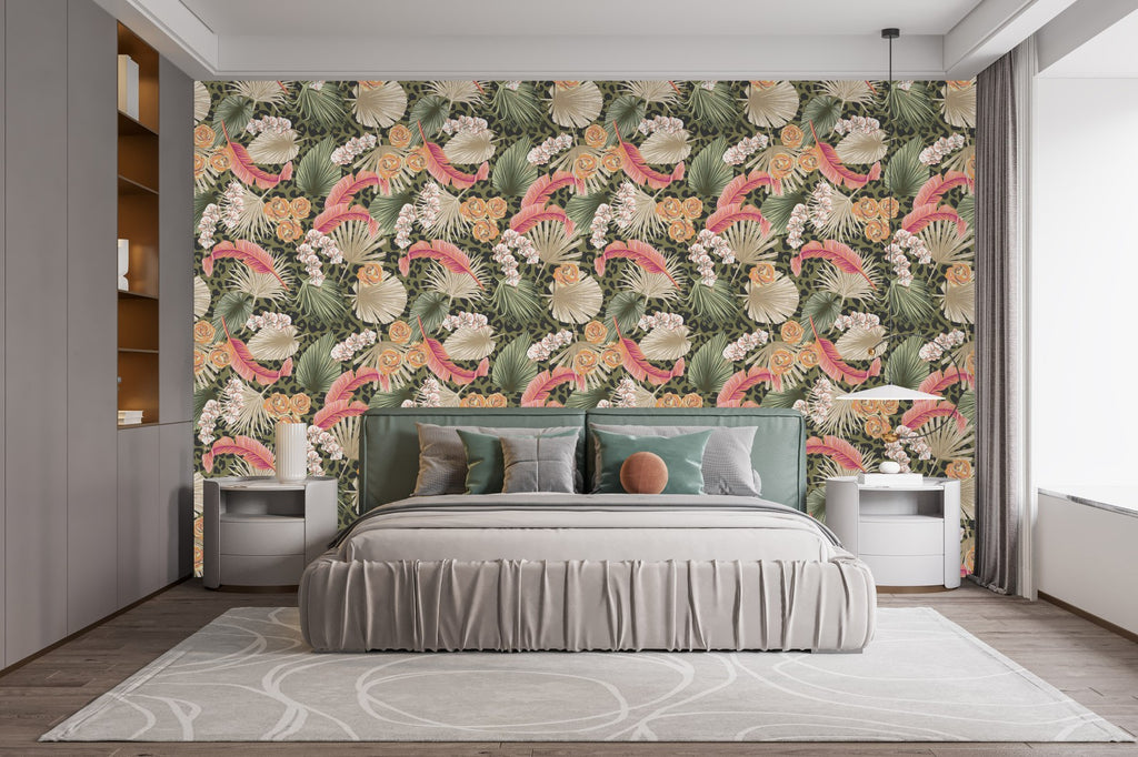 Green Leopard Pattern Wallpaper with Flowers uniQstiQ Tropical