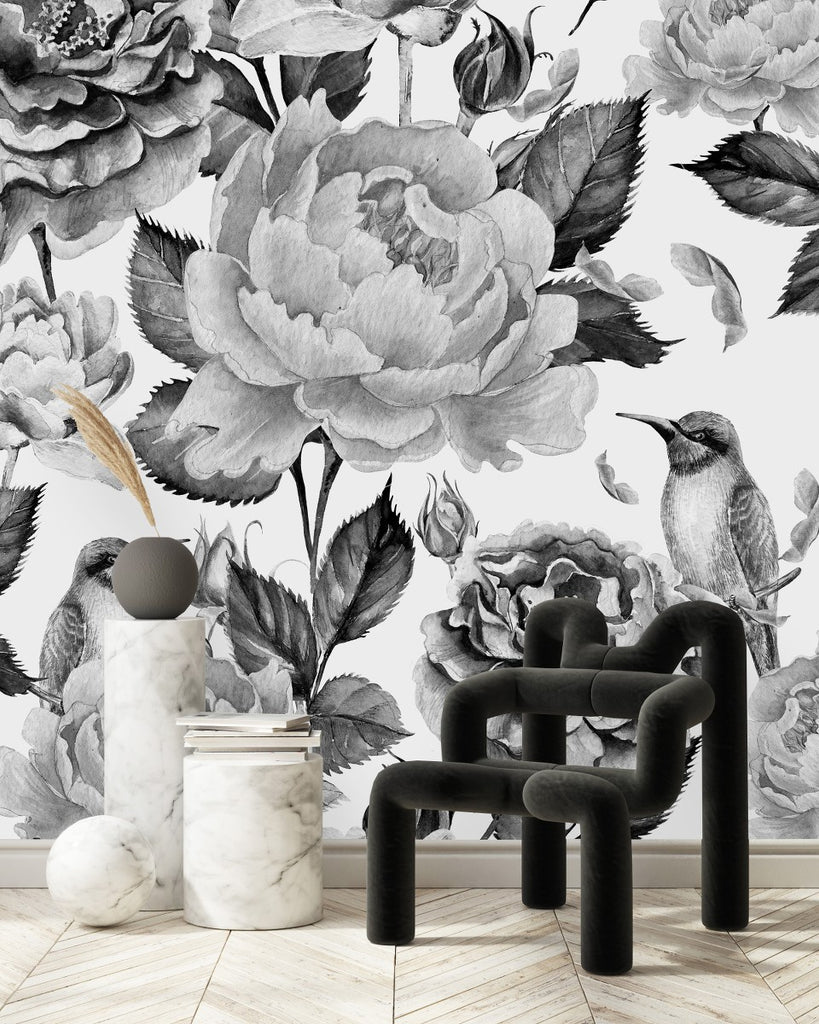 White Wallpaper with Grey Flowers  uniQstiQ Murals