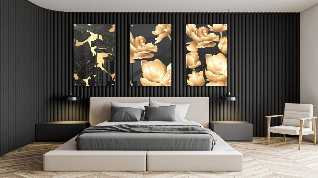 Golden Flowers Set of 3 Prints Modern Wall Art Modern Artwork Image 1