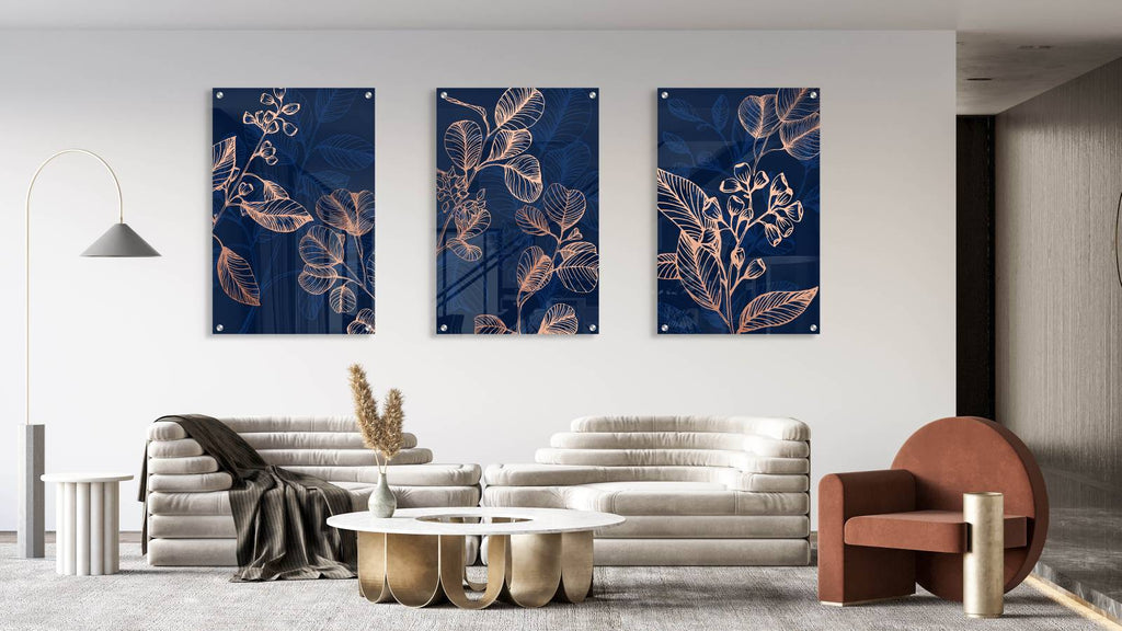 Dark Blue Foliage Pattern Set of 3 Prints Modern Wall Art Modern Artwork Image 1