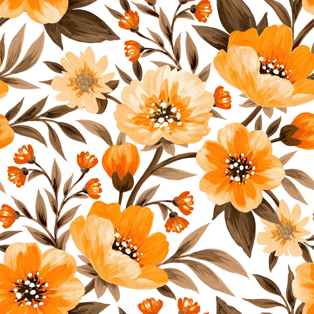 Orange Flowers with Brown Leaves Wallpaper uniQstiQ Floral