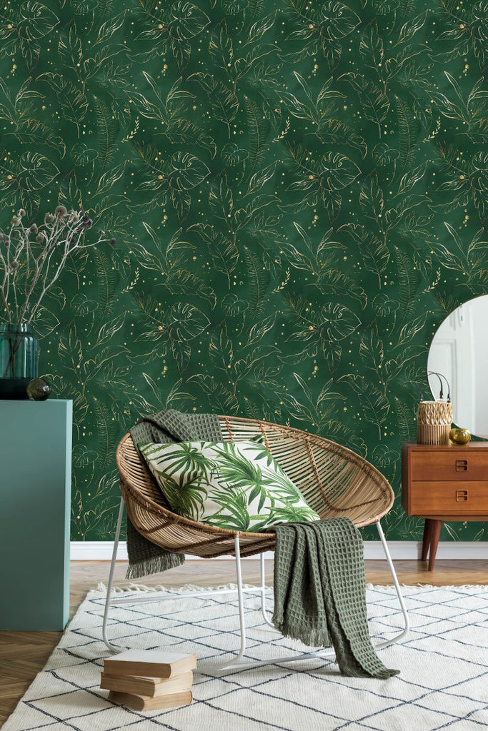 Green Wallpaper with Gold Contours of Leaves uniQstiQ Botanical