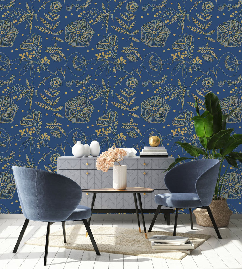 Gold and Blue Flowers Wallpaper uniQstiQ Floral