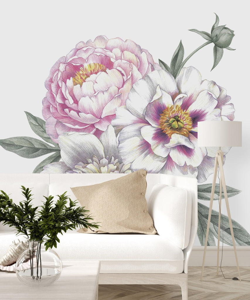 White Wallpaper with Three Flowers uniQstiQ Murals
