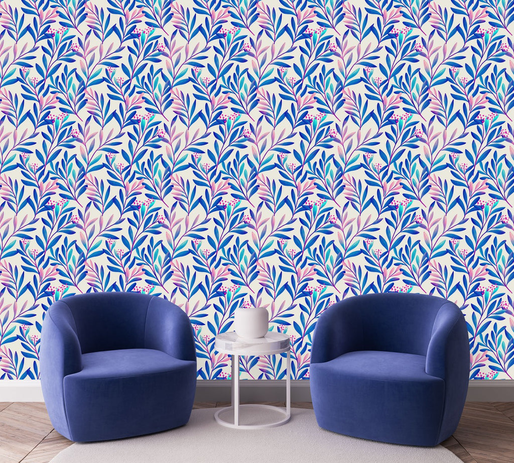 Blue and Pink Leaves Wallpaper uniQstiQ Botanical