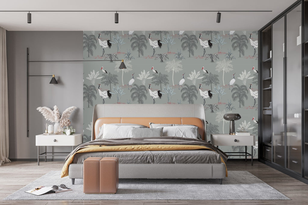 Grey Wallpaper with Cranes Pattern  uniQstiQ Vintage
