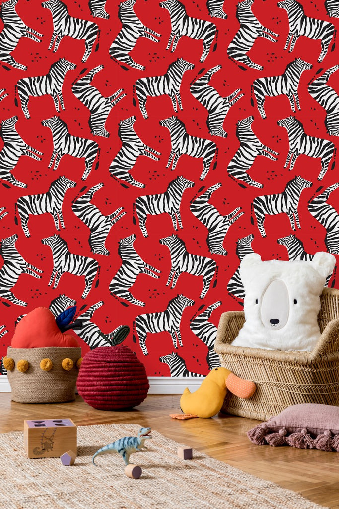 Zebras on Red Background Wallpaper