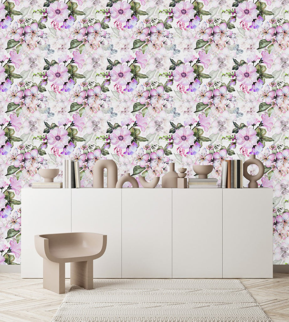 Pink Flowers with Butterflies Wallpaper uniQstiQ Floral