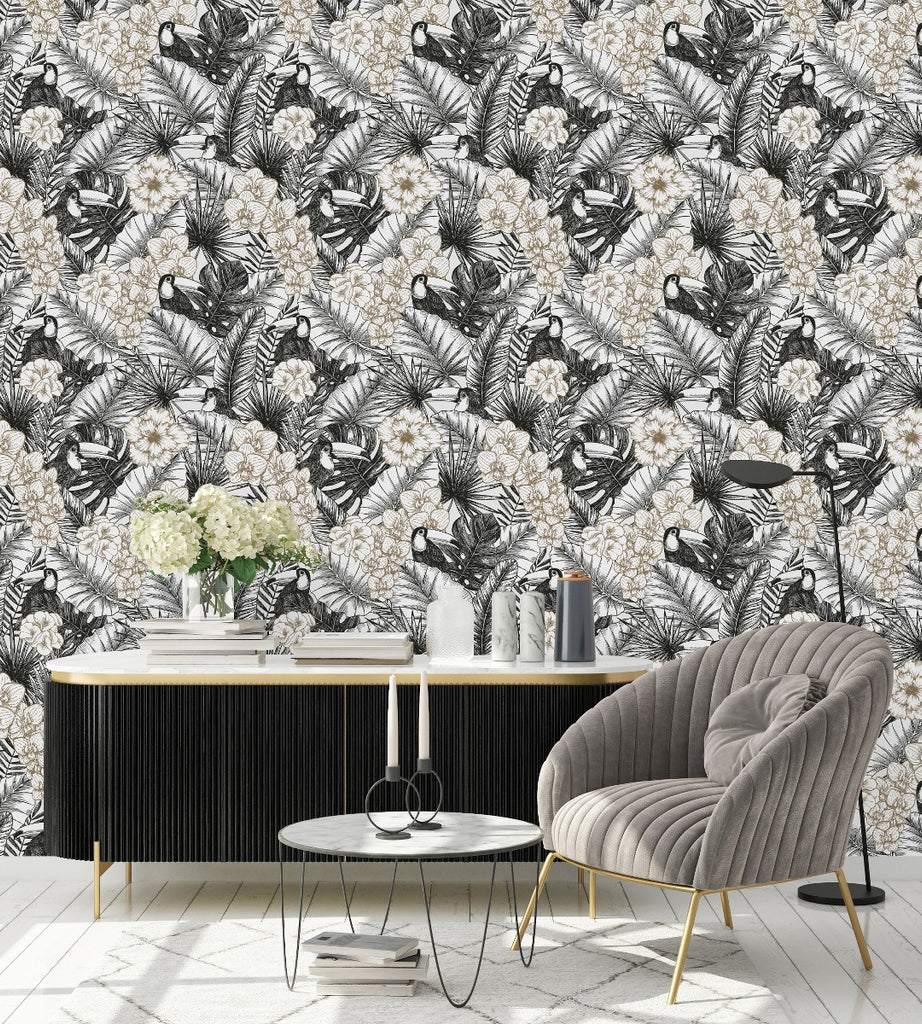Black and White Toucan Pattern Wallpaper  uniQstiQ Tropical