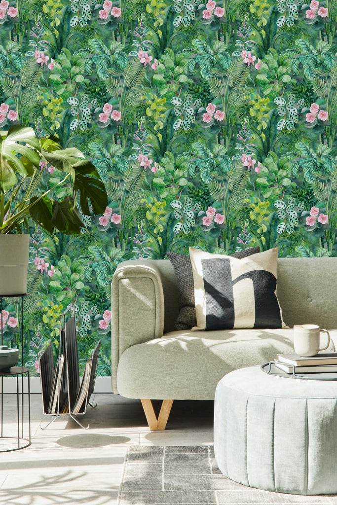 Green Grove with Pink Flowers Wallpaper  uniQstiQ Floral
