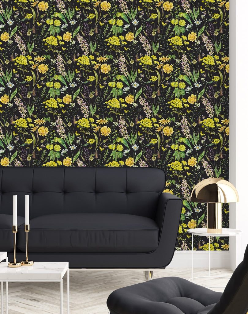 Dark Wallpaper with Yellow Flowers uniQstiQ Floral