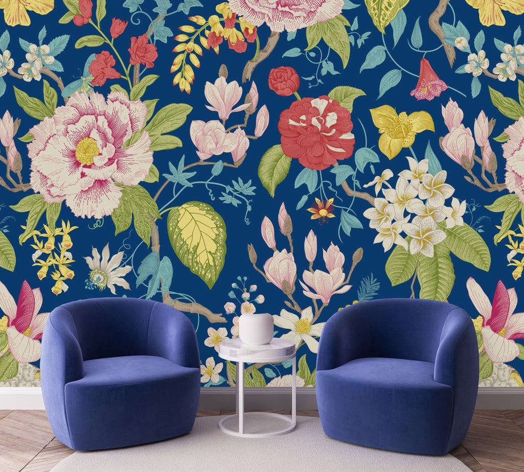 Blue Wallpaper with Flowers  uniQstiQ Murals