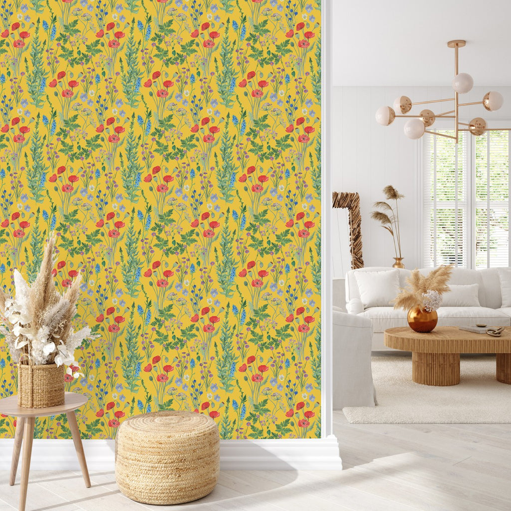 Brightly Yellow Wallpaper with Wildflowers uniQstiQ Floral