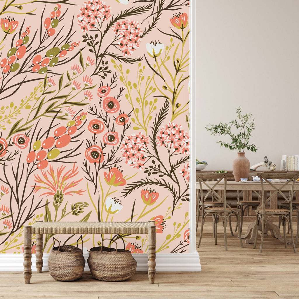 Beige Wallpaper with Wildflowers  uniQstiQ Murals