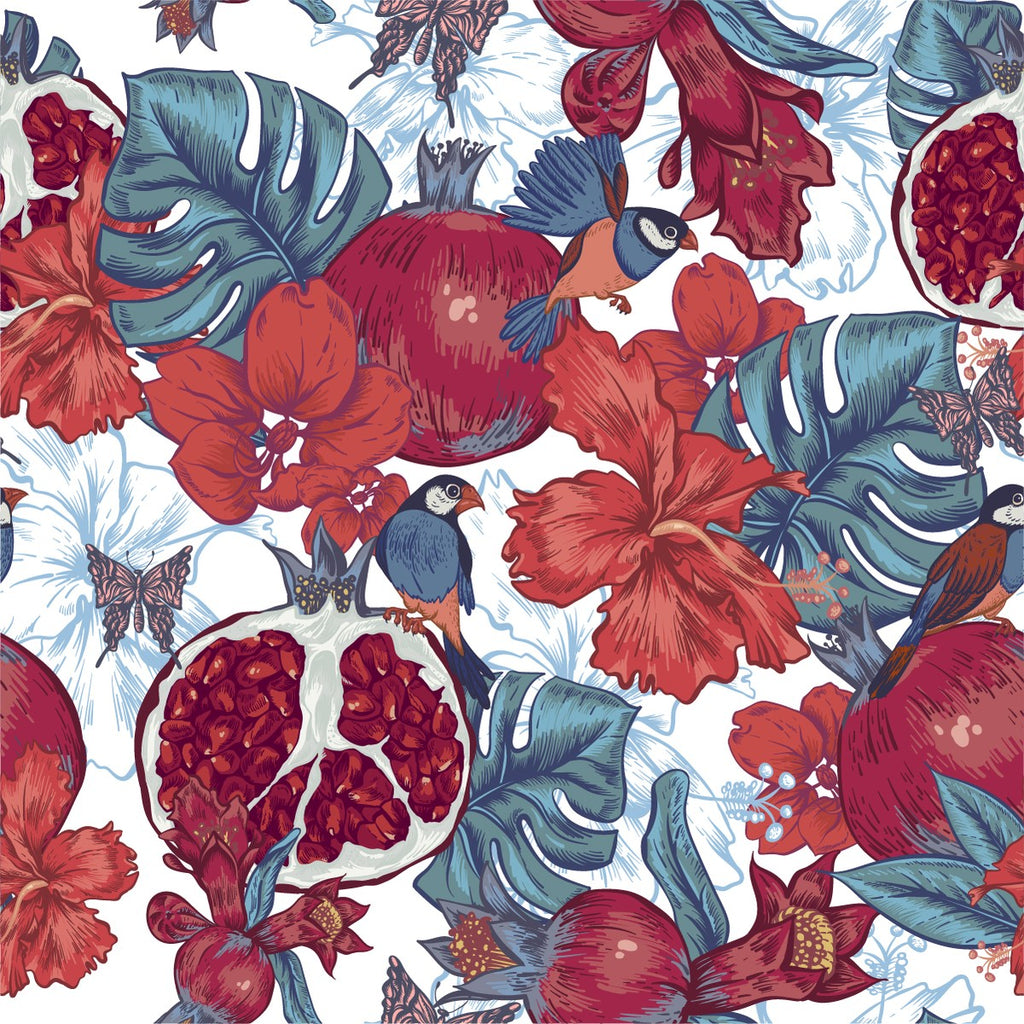 Blue Monstera Leaves and Pomegranate Wallpaper  uniQstiQ Botanical