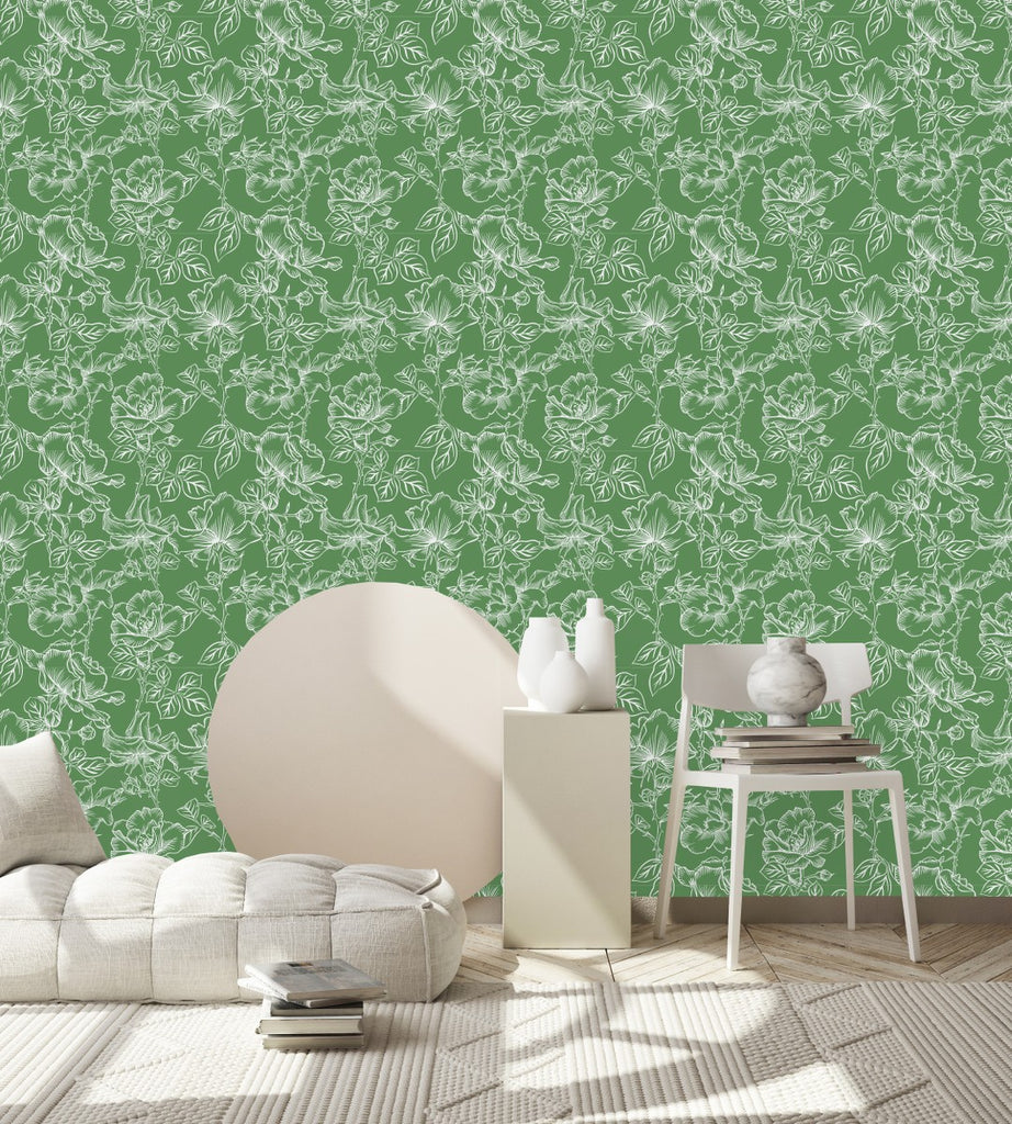 Green Wallpaper with Floral Outline uniQstiQ Floral
