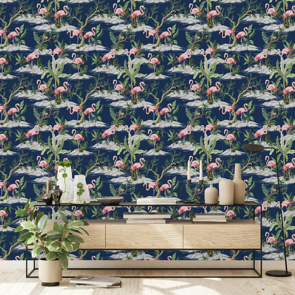 Dark Blue Wallpaper with Flamingos uniQstiQ Tropical