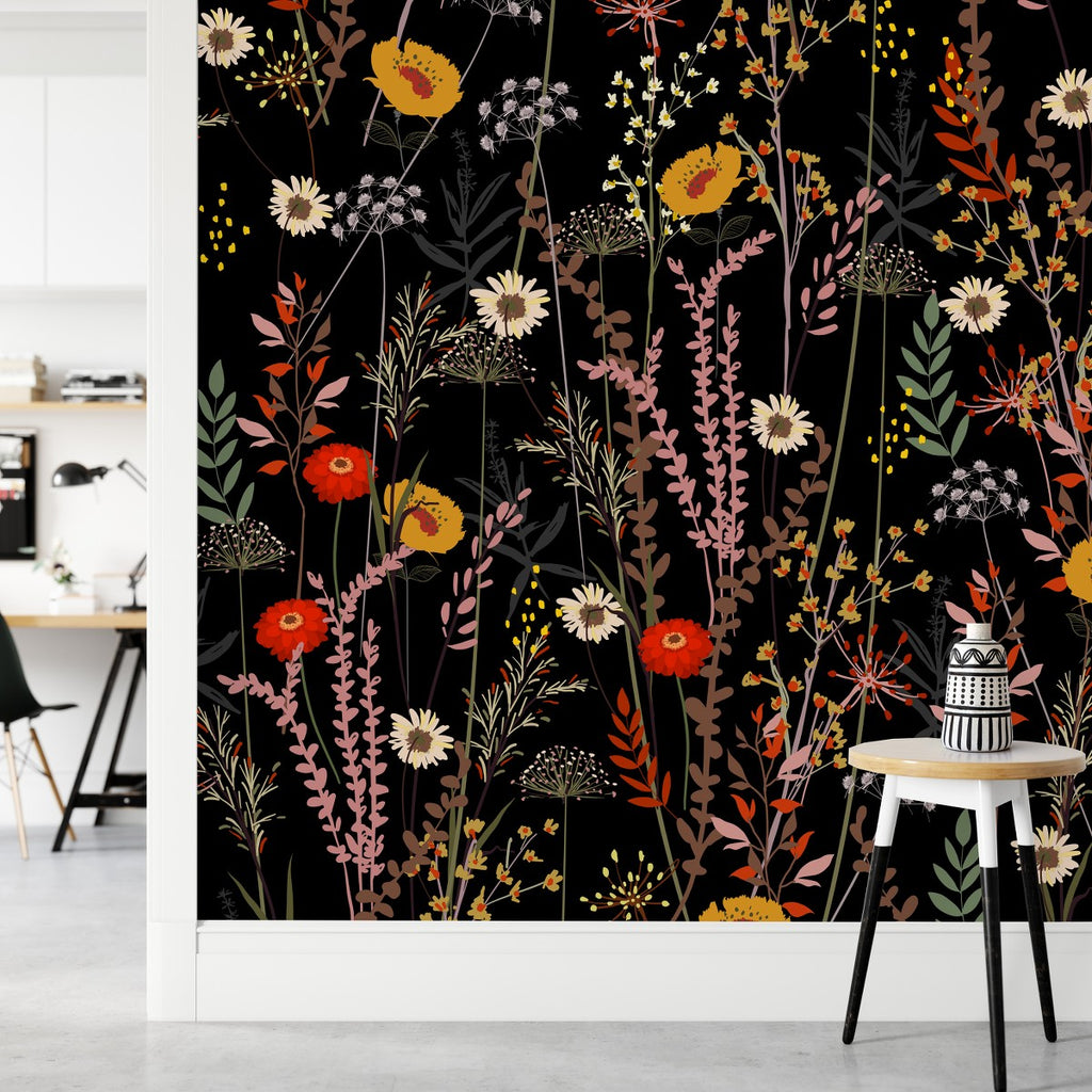Black Wallpaper with Wildflowers  uniQstiQ Murals