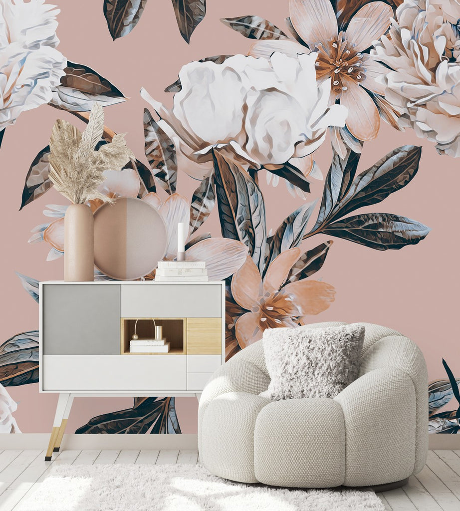 Beige Wallpaper with White Flowers uniQstiQ Murals