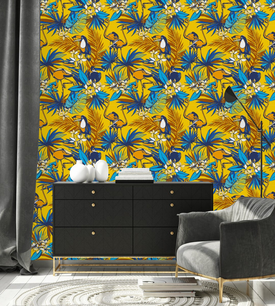 Yellow Wallpaper with Exotic Birds  uniQstiQ Tropical