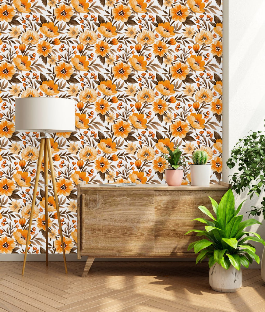 Orange Flowers with Brown Leaves Wallpaper uniQstiQ Floral