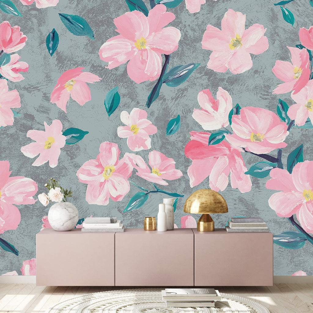 Grey Wallpaper with Pink Flowers uniQstiQ Murals