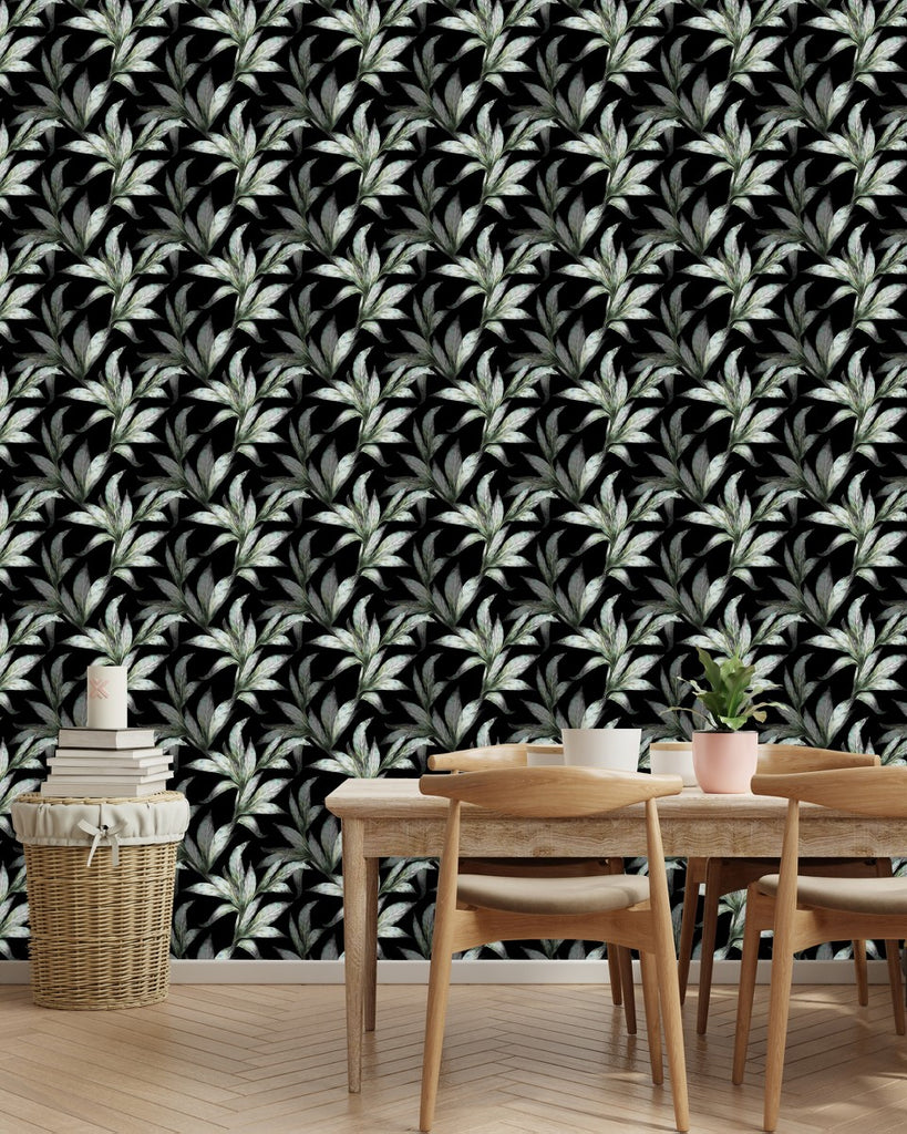 Dark Wallpaper with Green Leaves uniQstiQ Botanical
