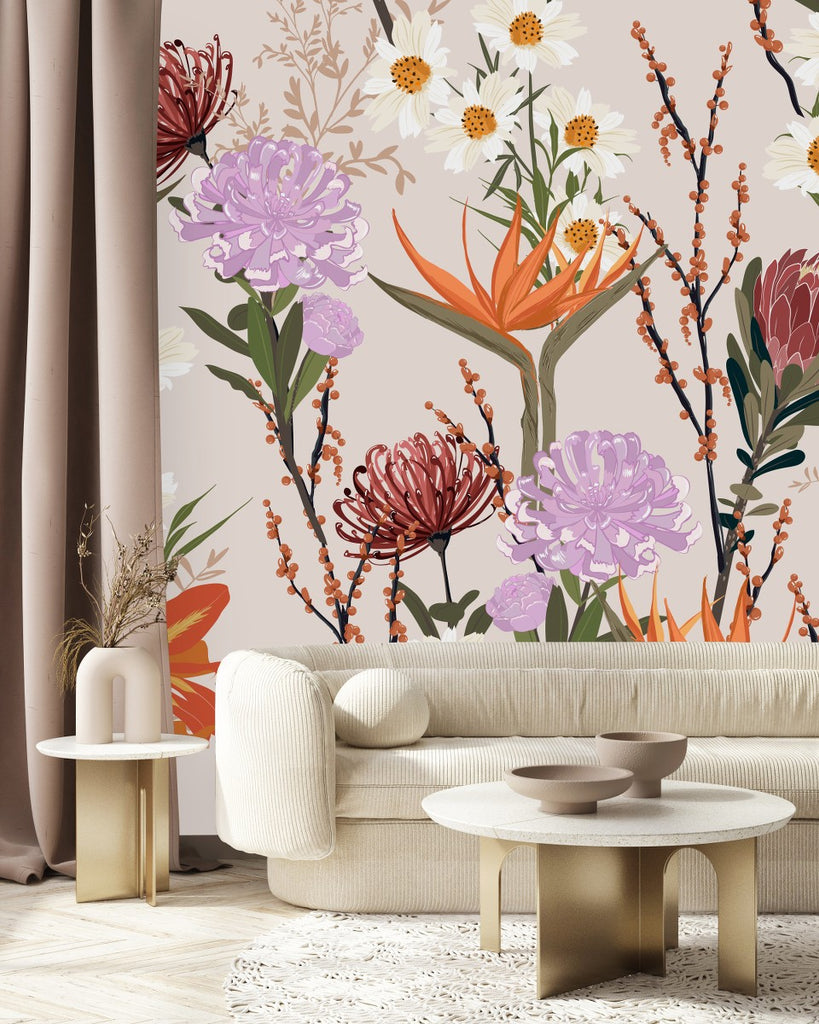 Pink Wallpaper with Exotic Flowers uniQstiQ Murals