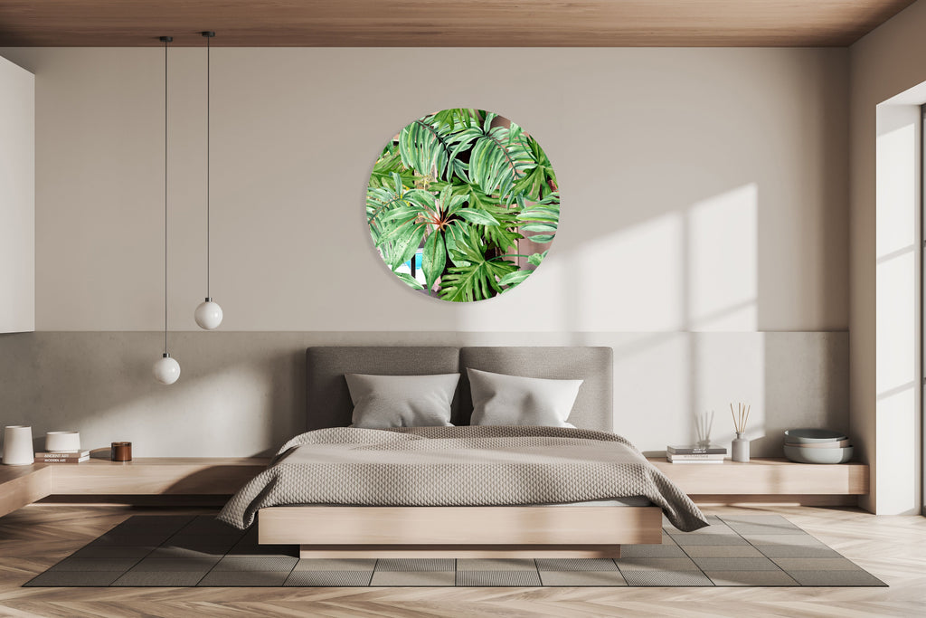 Jungle Green Leaves Mirrored Acrylic Circles Contemporary Home DǸcor Printed acrylic 