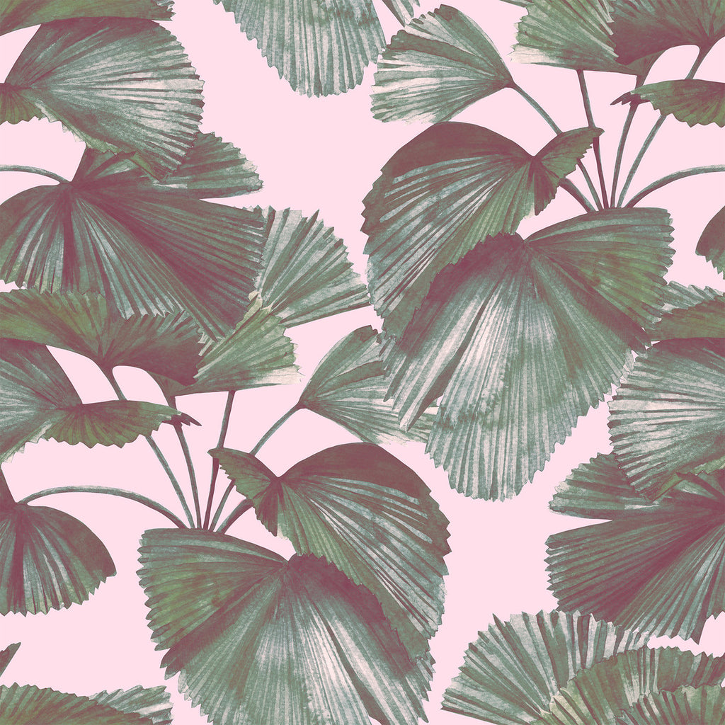 Pink Wallpaper with Green Leaves uniQstiQ Botanical