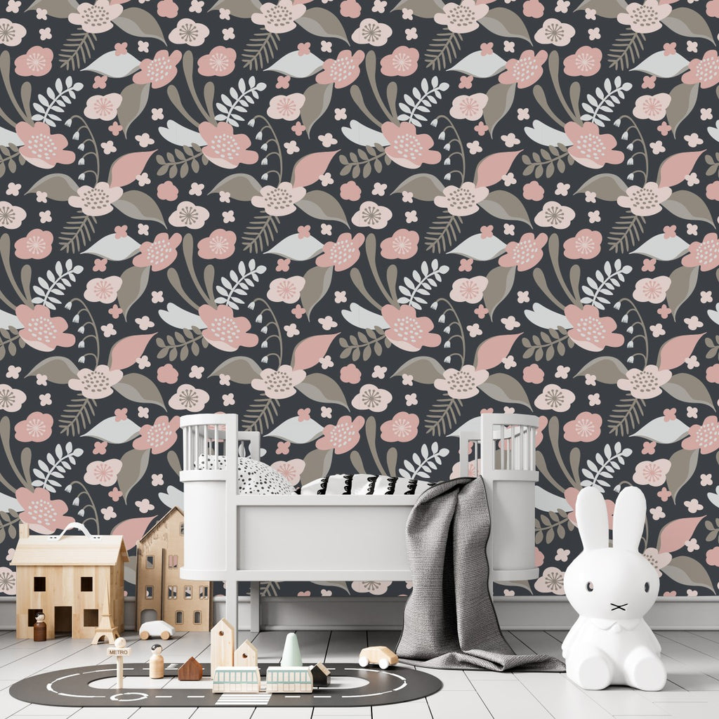 Grey and Pink Colors of Floral Wallpaper  uniQstiQ Kids
