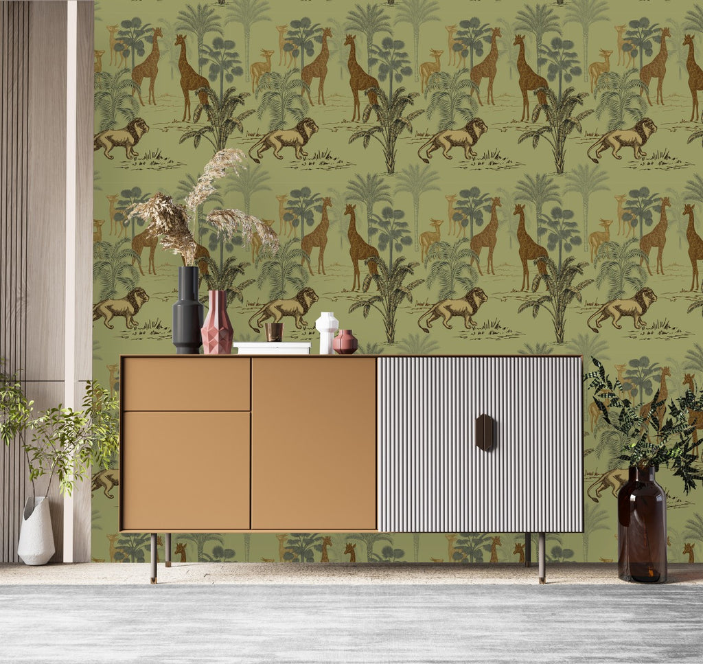 Green Wallpaper with African Animals Pattern uniQstiQ Tropical