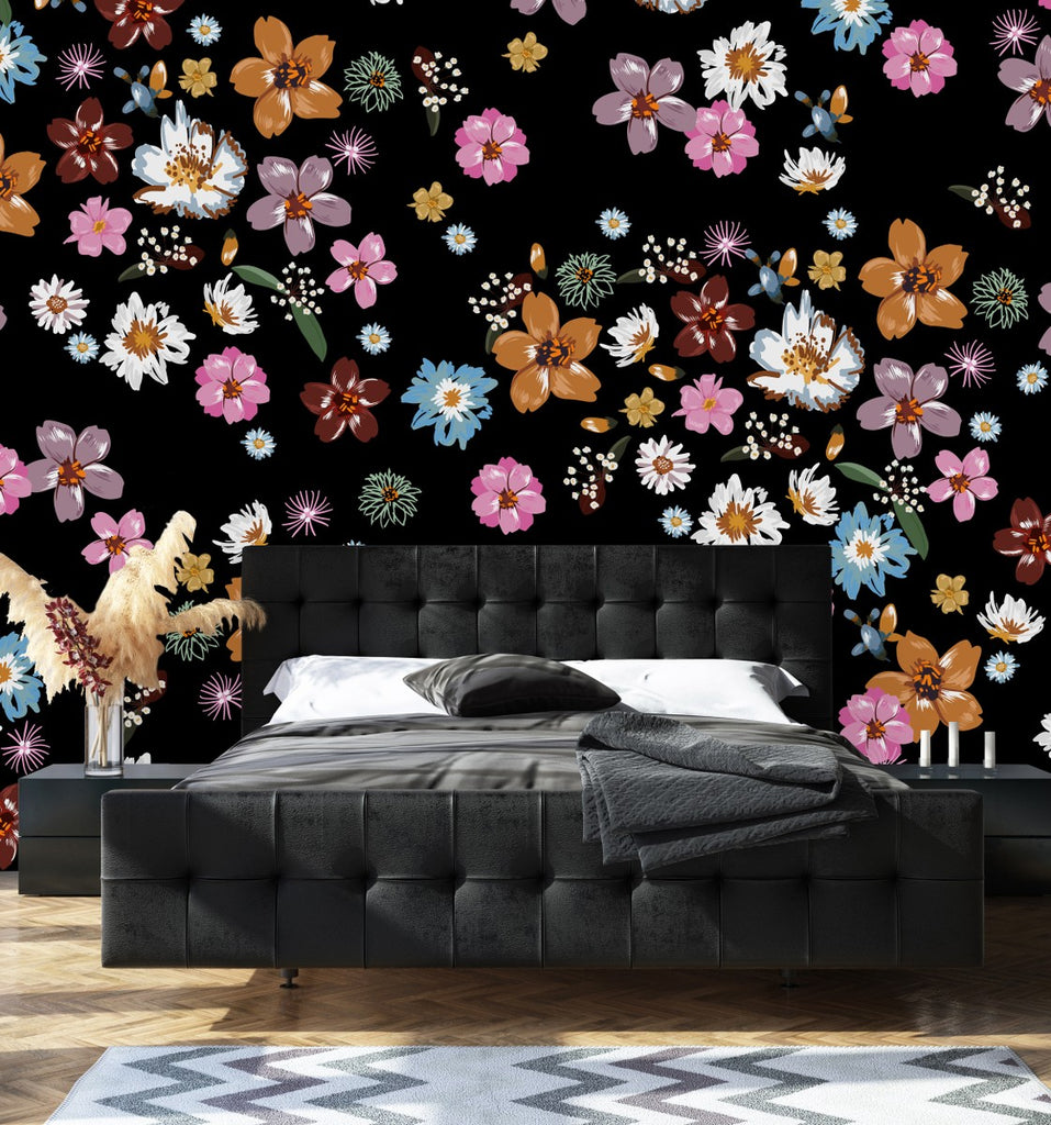 Black Wallpaper with Little Flowers uniQstiQ Murals