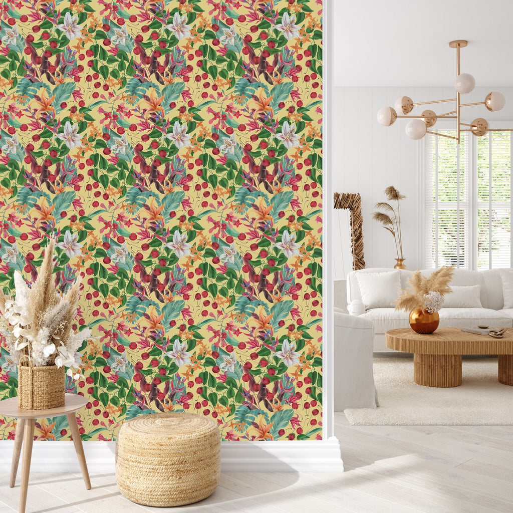 Yellow Wallpaper with Flowers and Cherries  uniQstiQ Floral