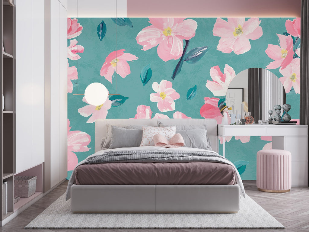 Blue Wallpaper with Pink Flowers uniQstiQ Murals