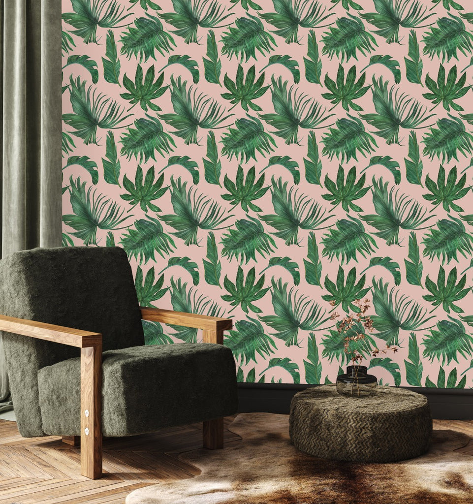 Beige Wallpaper with Green Leaves uniQstiQ Tropical