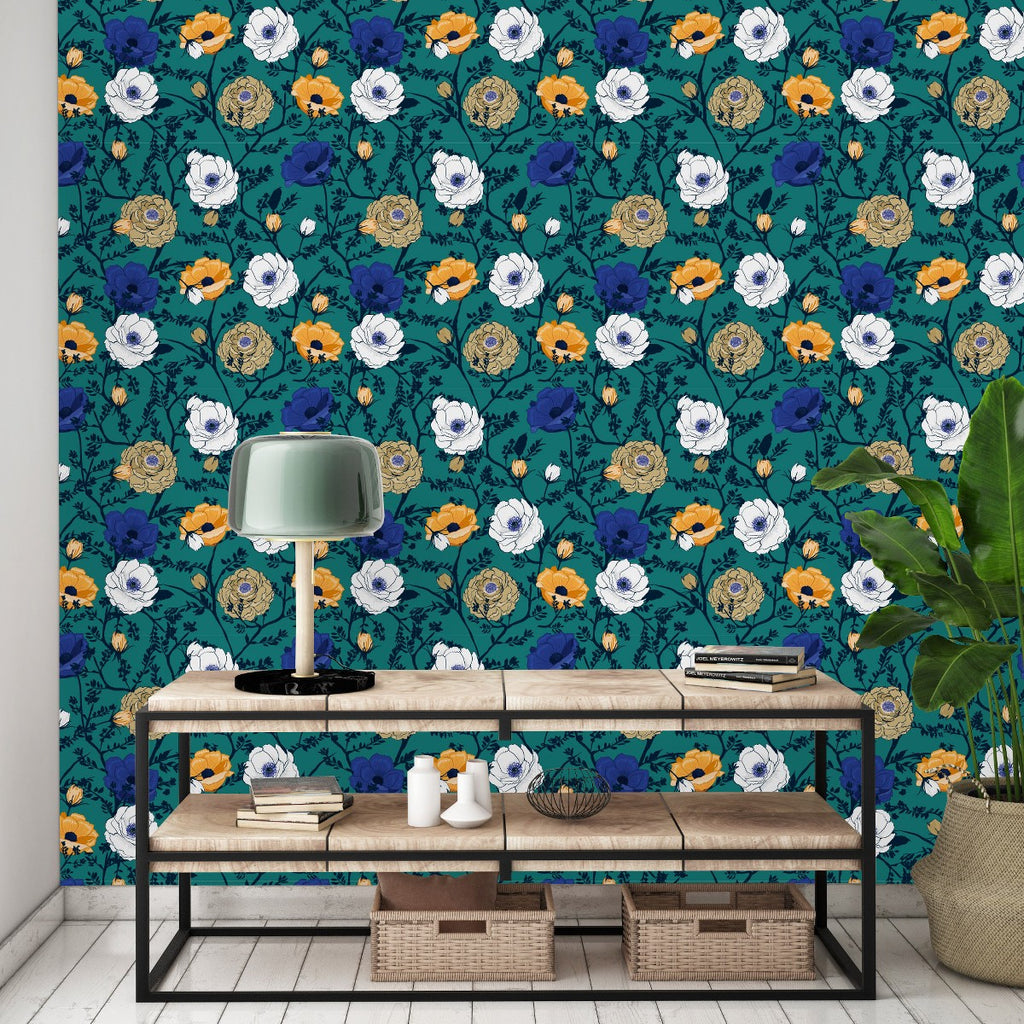 Green Wallpaper with Floral Pattern uniQstiQ Floral