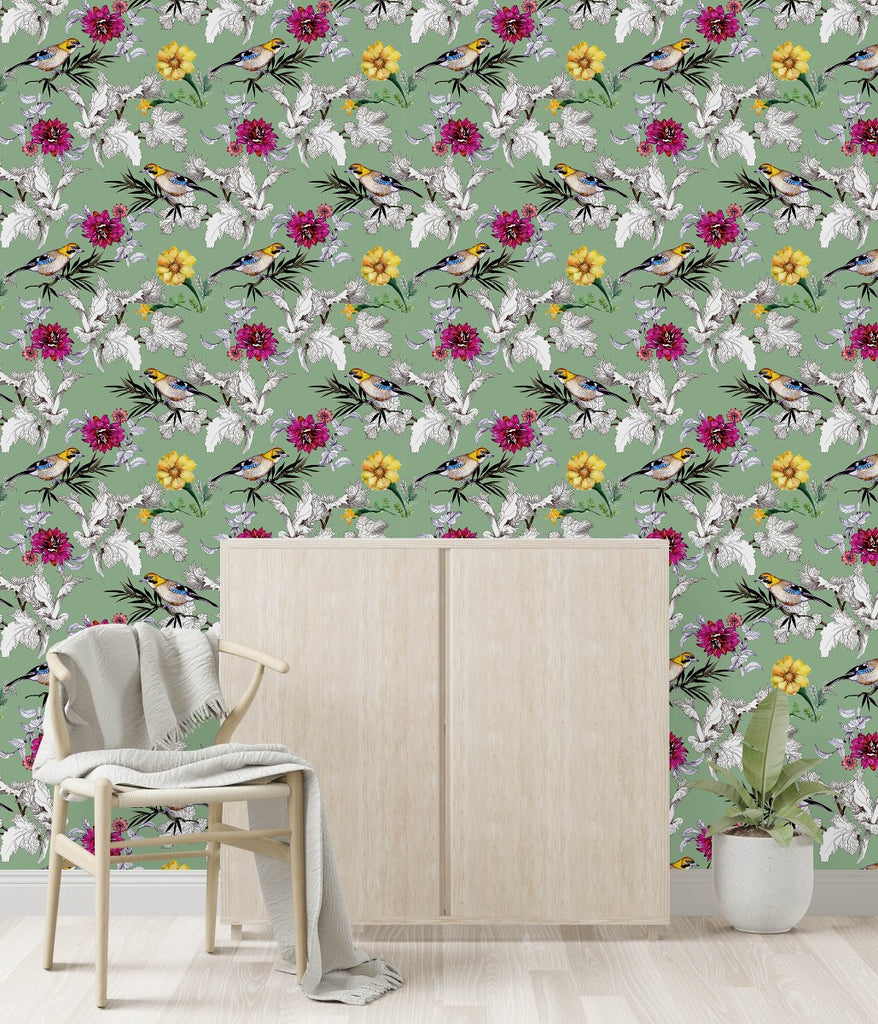 Green Wallpaper with Flowers and Birds  uniQstiQ Floral