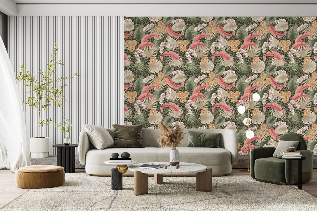 Green Leopard Pattern Wallpaper with Flowers uniQstiQ Tropical