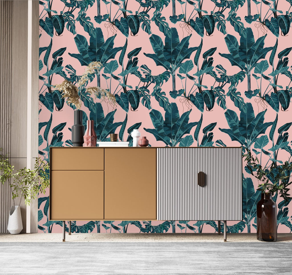 Pink Wallpaper with Large Leaves  uniQstiQ Tropical