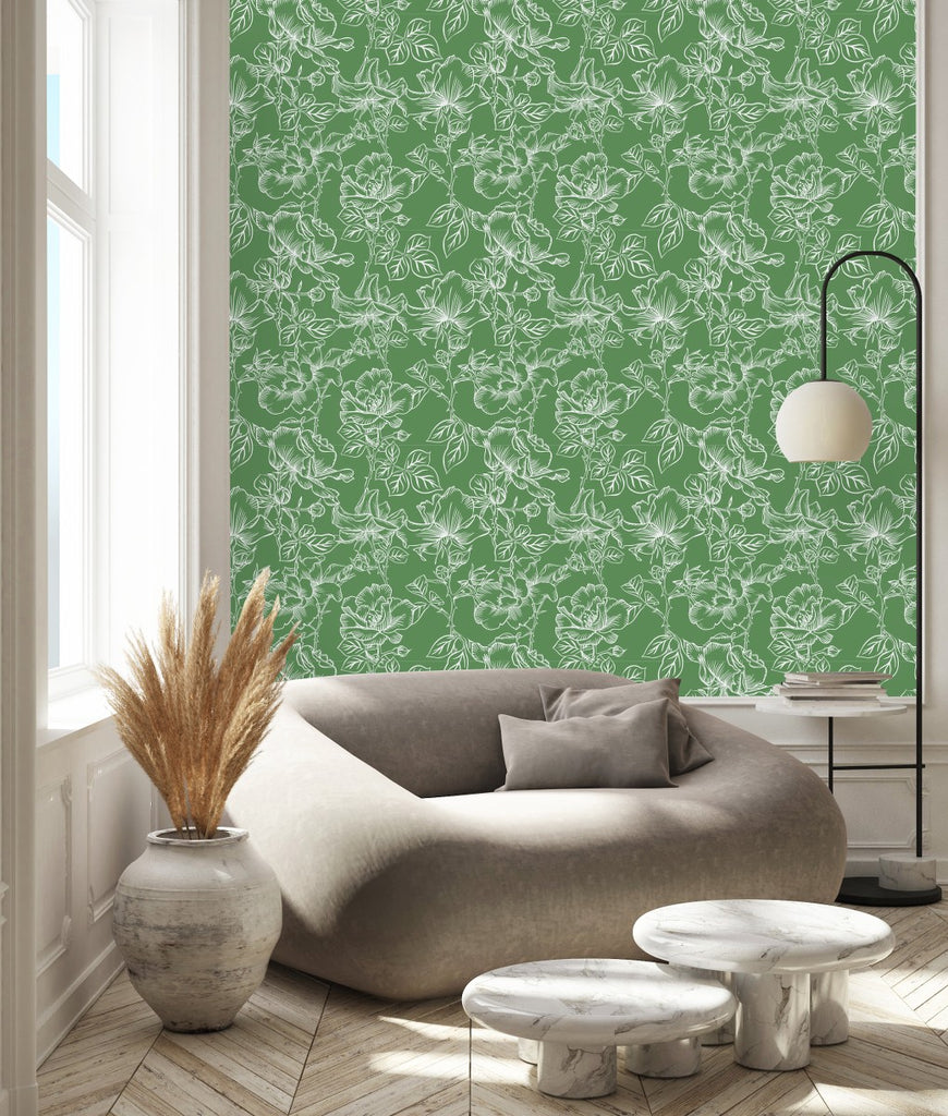 Green Wallpaper with Floral Outline uniQstiQ Floral