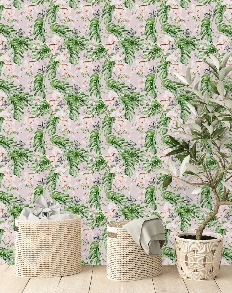 Pink Orchid with Monstera Wallpaper uniQstiQ Floral