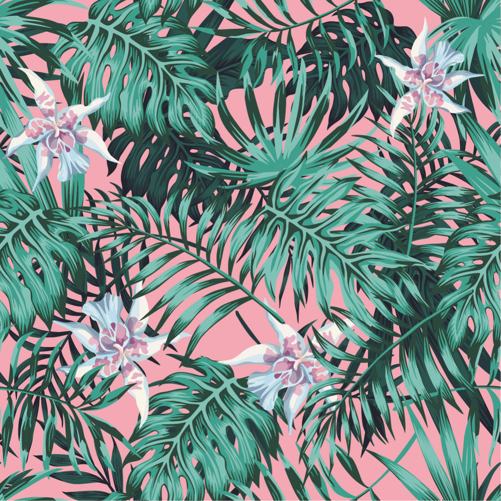Pink Wallpaper with Green Exotic Leaves  uniQstiQ Tropical