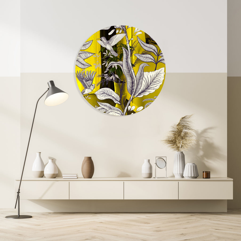 Beige Birds and Leaves Mirrored Acrylic Circles Contemporary Home DǸcor Printed acrylic 